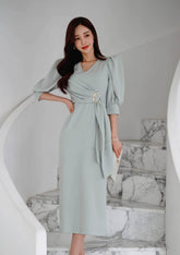 Metal Buckle Sash Detail Lantern Sleeves Dress S / LightBlue